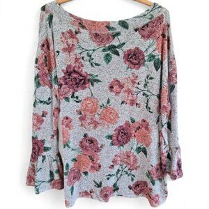 Maurices Womens Plus 3XL Grey Top With Pink Floral Design & Bell Sleeves
